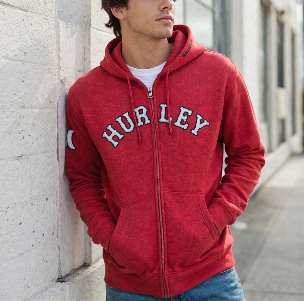 Hurley Red Full Zip Hoodie XL Spellout Logo Sweatshirt Men’s Casual Streetwear